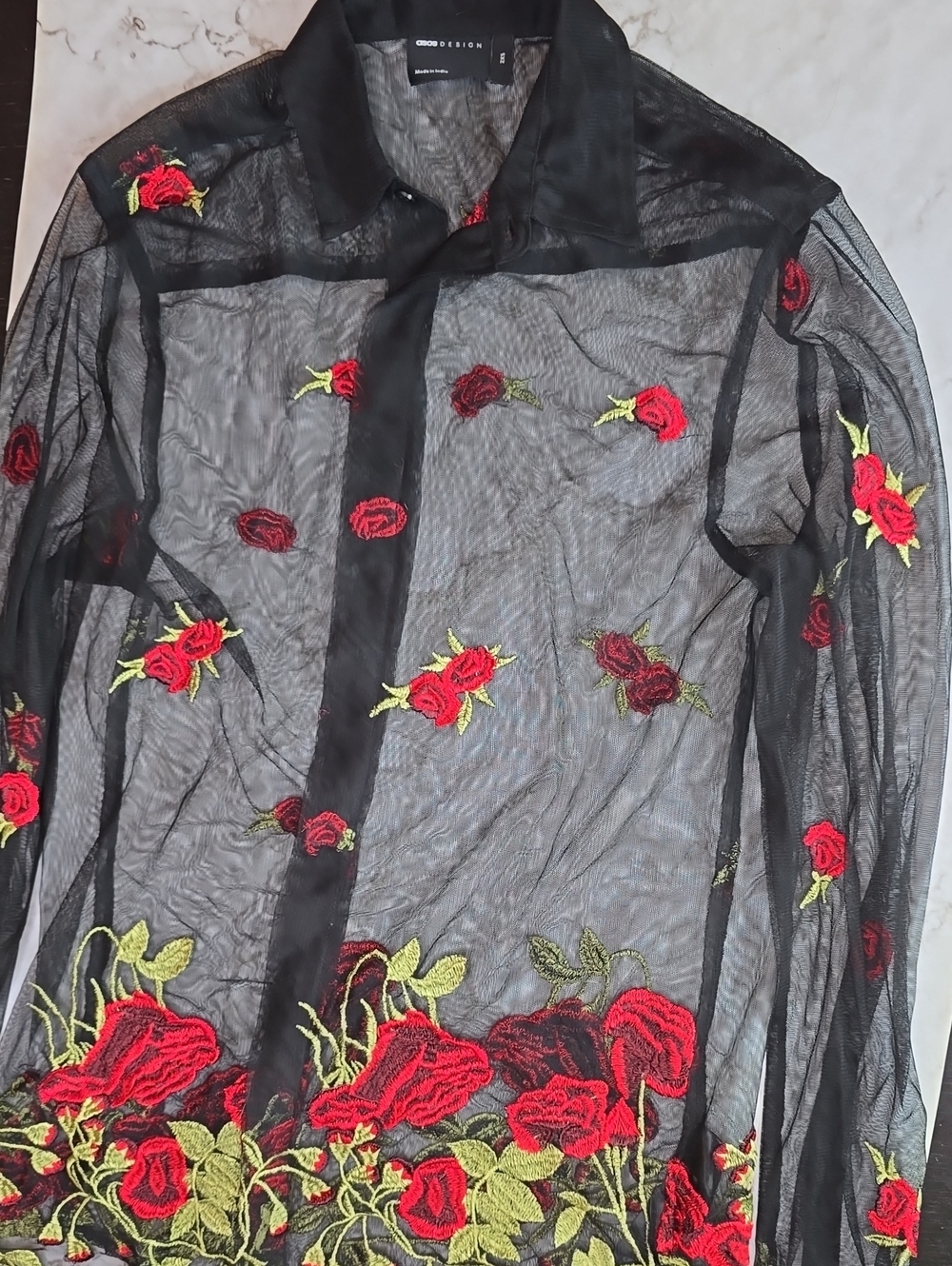 Unique ASOS Design See-thru Men's Shirt, Black with Embroidered Florals